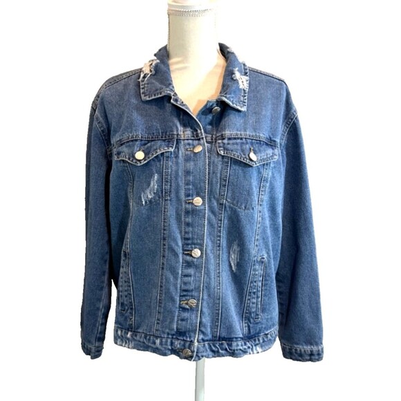 Crave Fame Women Button Up Jean Jacket Long Sleeve Stressed Size L Black Ribbon - Picture 1 of 6
